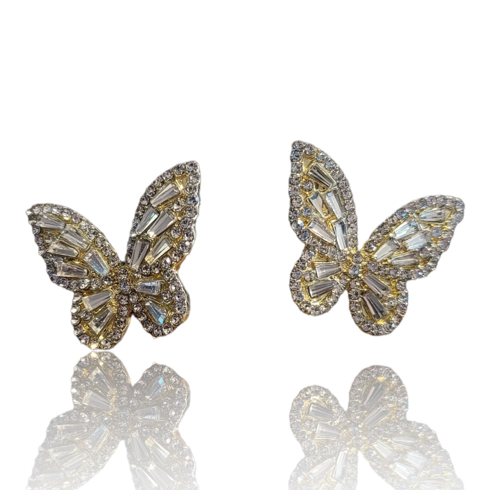 Gold-Tone Round and Baguette White Crystal Butterfly Pierced Earrings